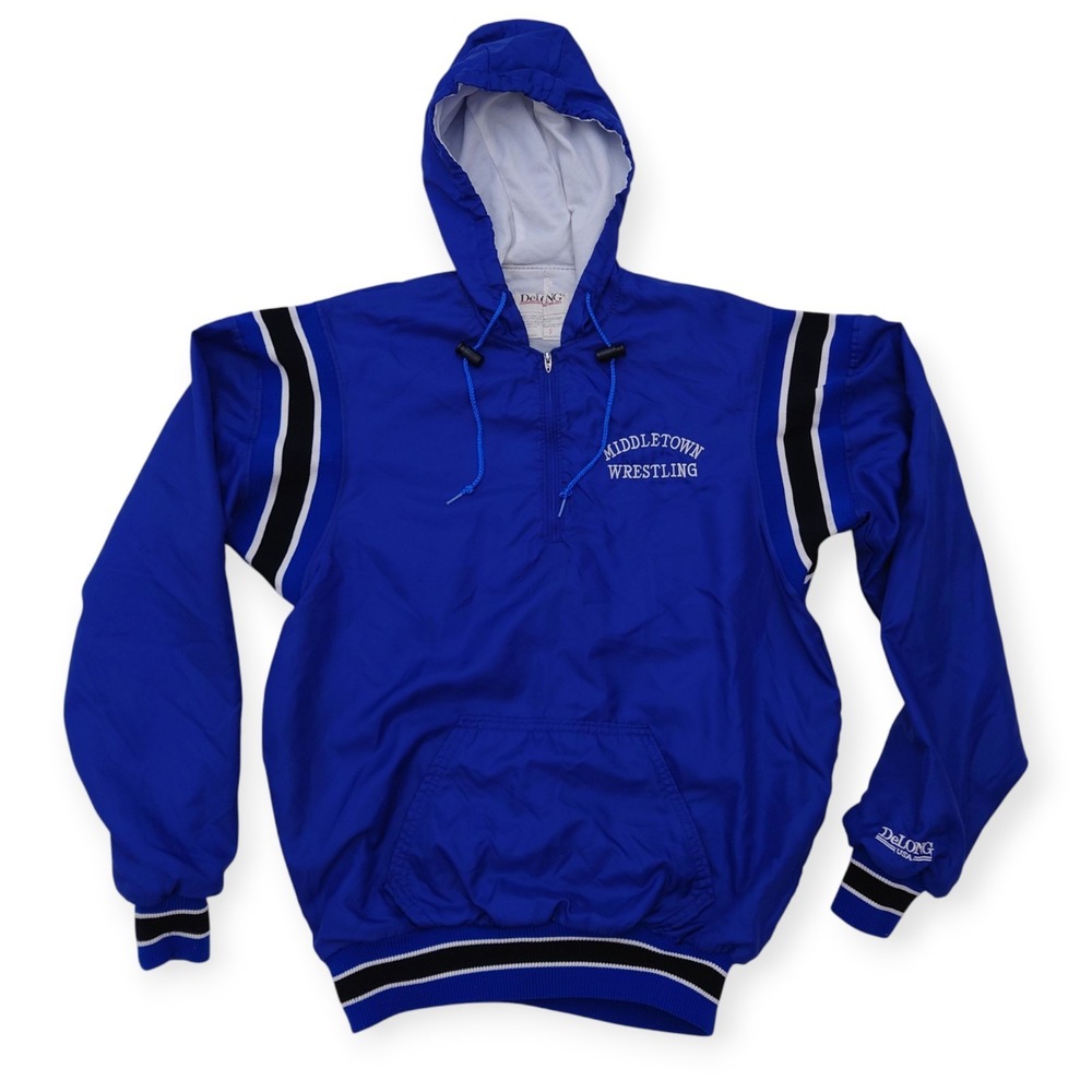 Vintage DeLong Varsity Pullover 1/4 Zip Nylon Hoodie Jacket 80s Wrestling Blue S